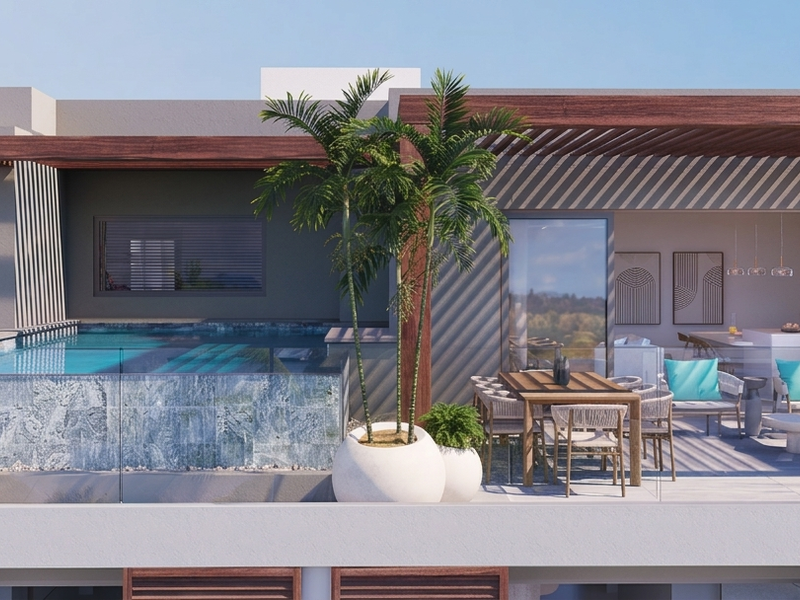 Luxury penthouse terrace featuring an infinity edge swimming pool, timber pergola, and glass balustrades, seamlessly connecting to the open-plan living area.