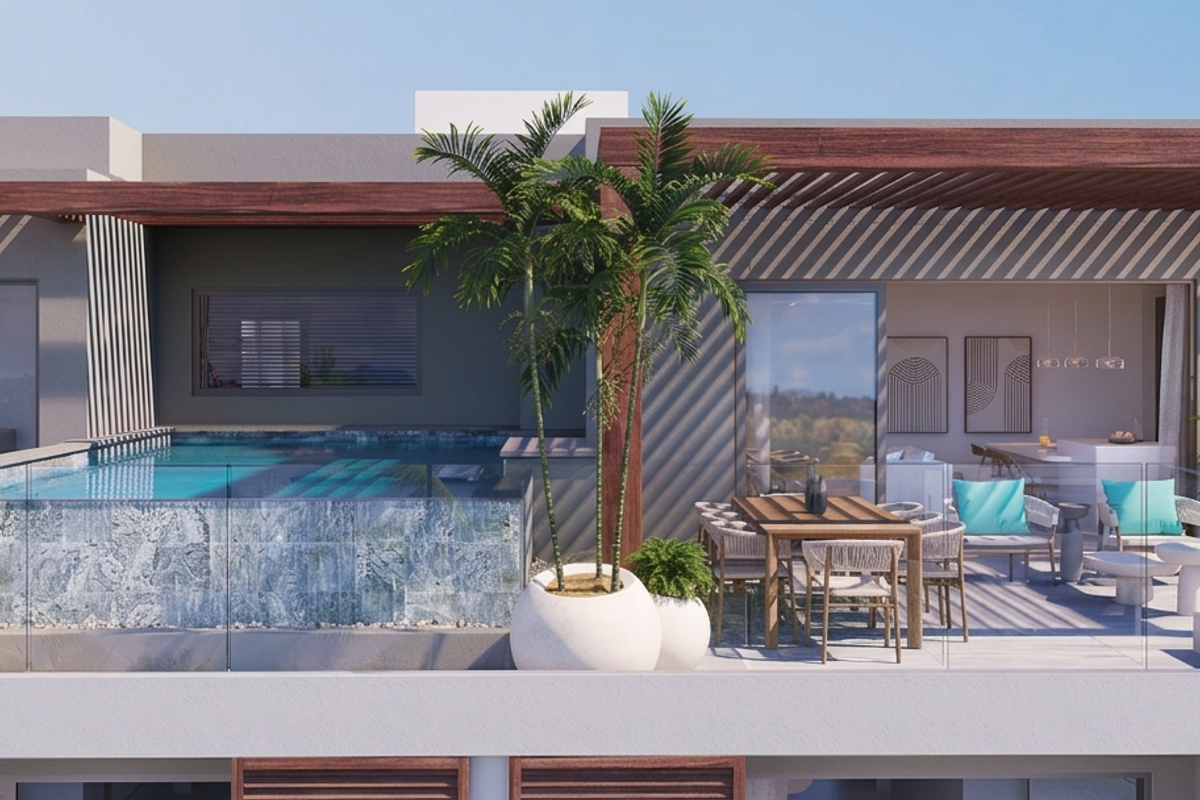 Luxury penthouse terrace featuring an infinity edge swimming pool, timber pergola, and glass balustrades, seamlessly connecting to the open-plan living area.