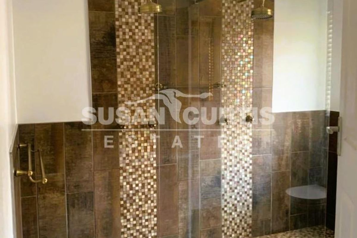 Modern walk-in shower featuring dual rainfall showerheads, glass screen, and decorative mosaic tile accents.
