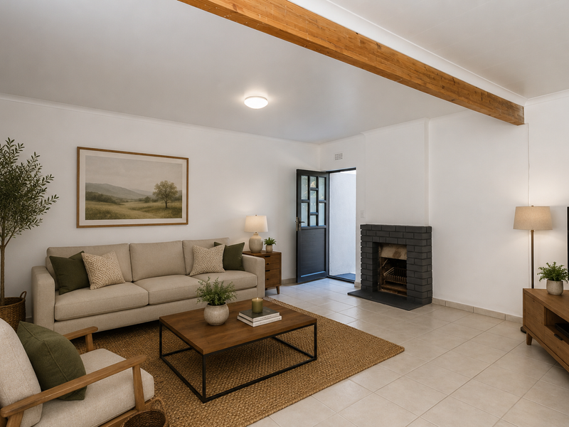 A bright living room featuring a brick fireplace, exposed timber ceiling beam, and tiled flooring, with direct access to an outdoor area.