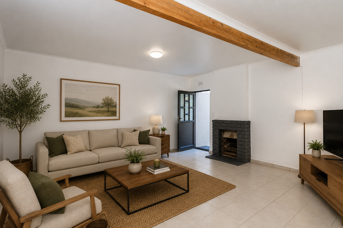 A bright living room featuring a brick fireplace, exposed timber ceiling beam, and tiled flooring, with direct access to an outdoor area.