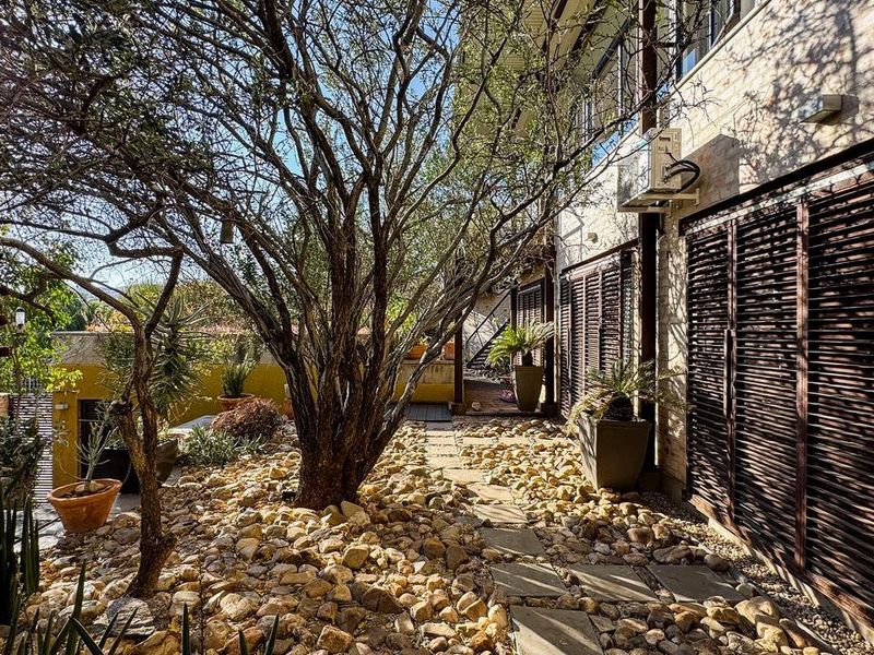 A landscaped rear garden area featuring a stone pathway, mature trees, and exterior wall finishes with integrated slatted shutters.
