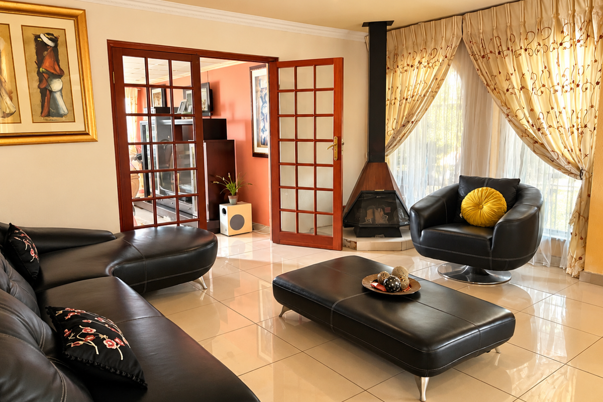 A bright living room featuring polished tiled floors, a modern freestanding fireplace, and classic wooden french doors leading to an adjacent space.