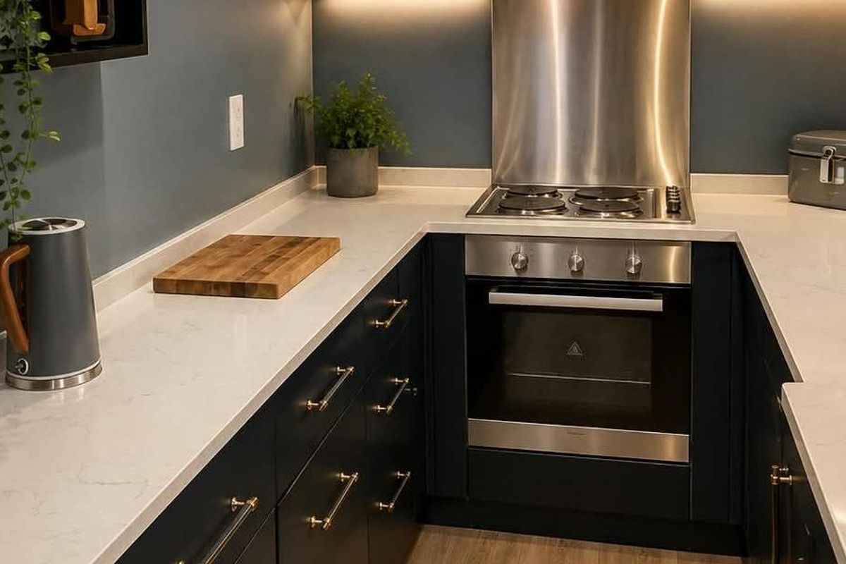 Modern kitchen featuring dark cabinetry, stone countertops, and integrated stainless steel oven and hob with a matching splashback.