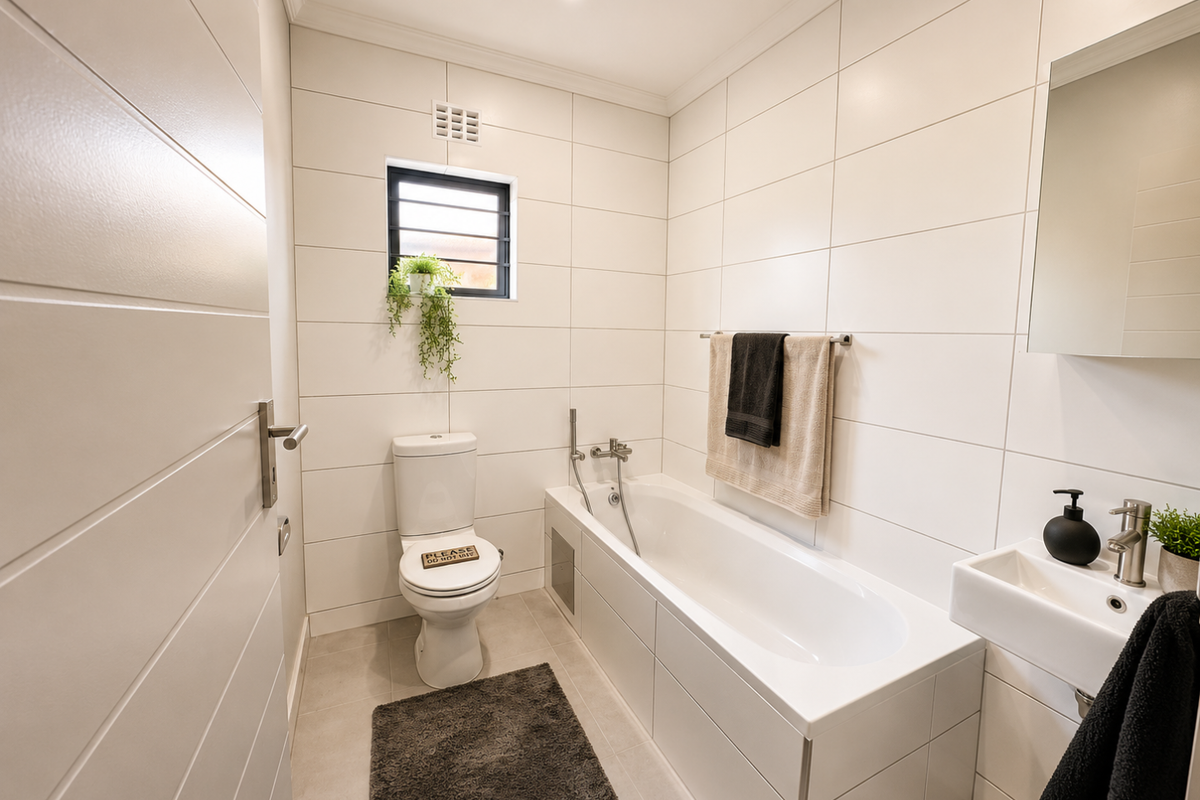 A modern, well-maintained bathroom featuring floor-to-ceiling white tiling, a built-in bathtub with shower mixer, a wall-mounted basin, and a toilet.