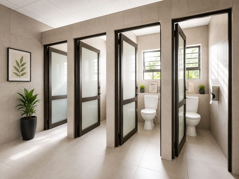 Modern commercial bathroom facility featuring multiple private stalls with frosted glass doors, neutral tiled finishes, and natural light from windows.
