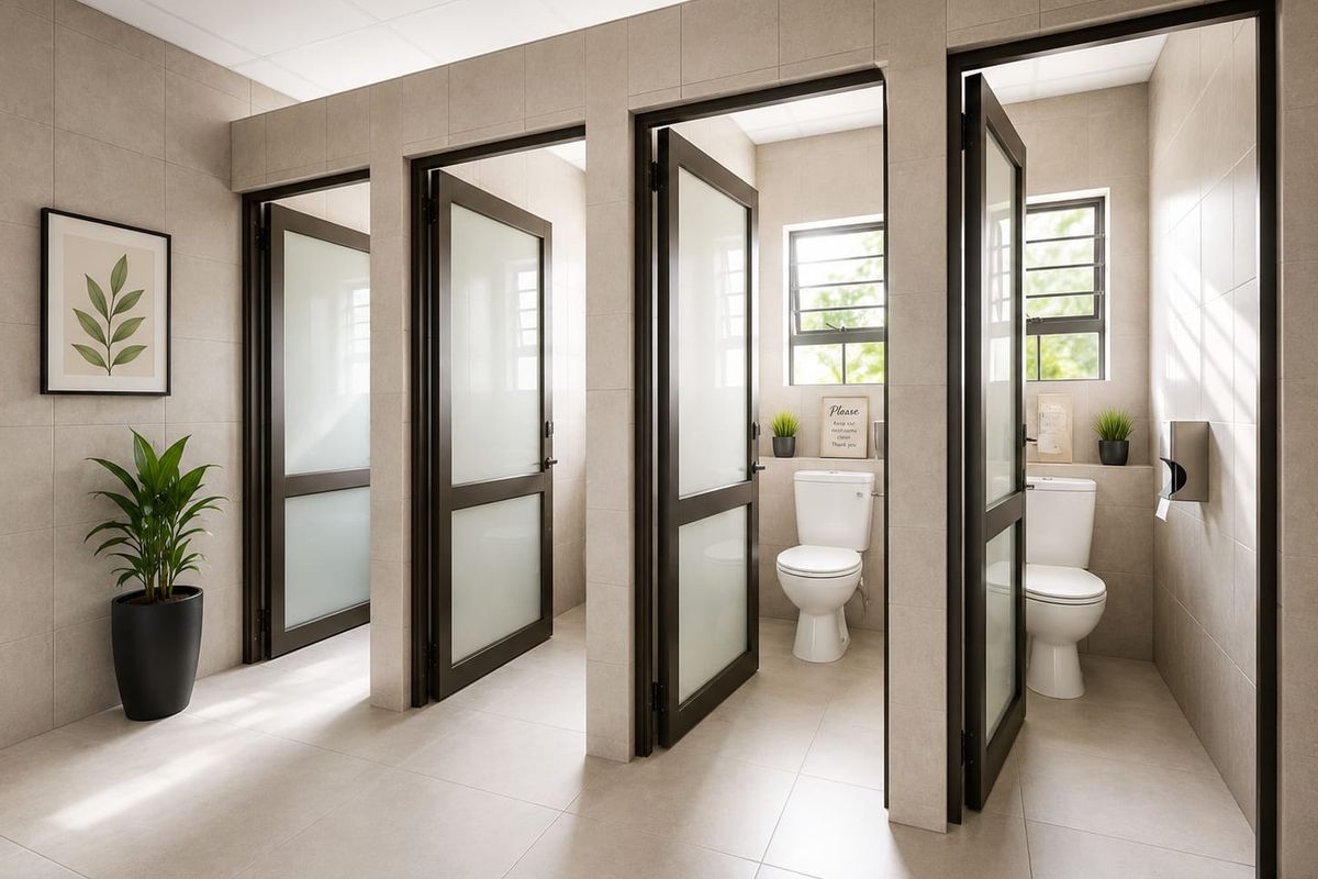 Modern commercial bathroom facility featuring multiple private stalls with frosted glass doors, neutral tiled finishes, and natural light from windows.
