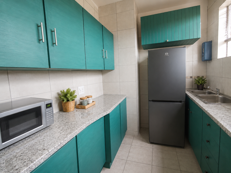 A functional kitchen featuring teal cabinetry, granite countertops, a double stainless steel sink, and neutral tiled finishes.