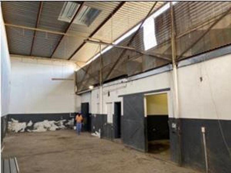 Spacious industrial utility area featuring high ceilings with skylights, exposed steel structural elements, and multiple access points through sliding doors.