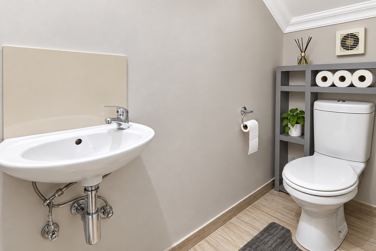 A clean and well-maintained guest bathroom featuring a wall-mounted basin, modern toilet, and extractor fan with neutral wall finishes.
