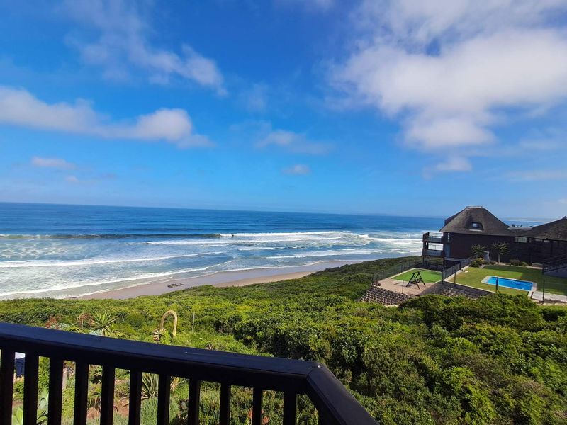 Stunning elevated coastal view overlooking the ocean, featuring a private swimming pool and landscaped garden area with a thatched roof residence.