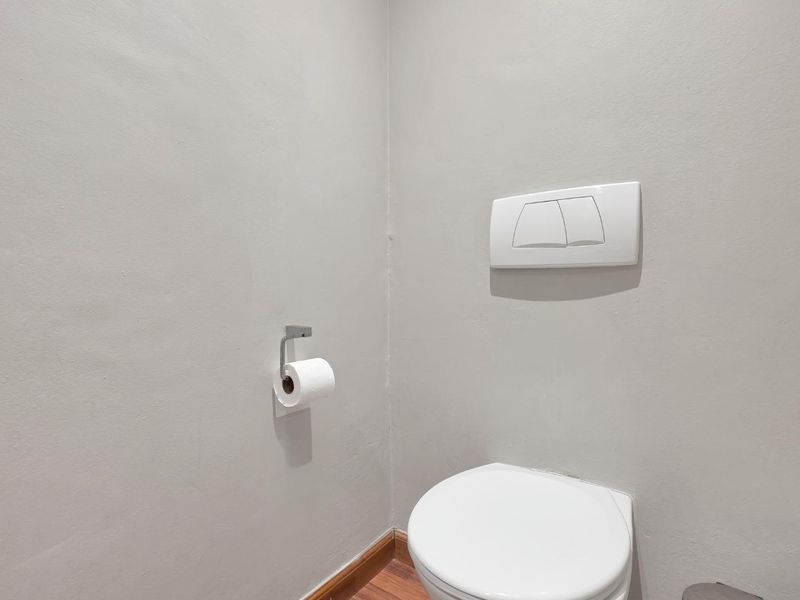 A clean and minimalist bathroom featuring a modern wall-mounted toilet with a dual-flush plate and neutral wall finishes.