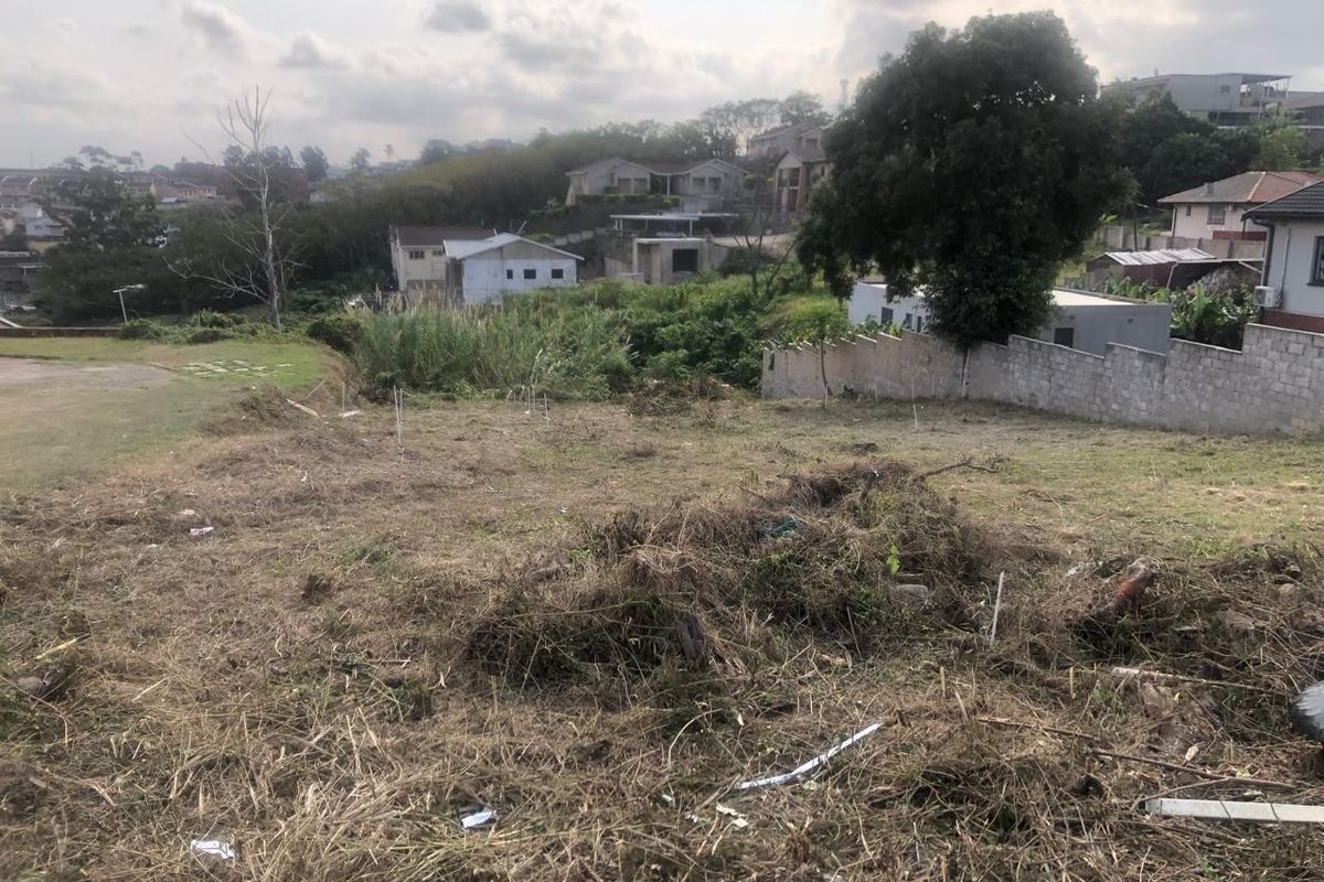 A view of a vacant residential plot featuring sloped terrain, overgrown vegetation, and surrounding neighborhood properties.