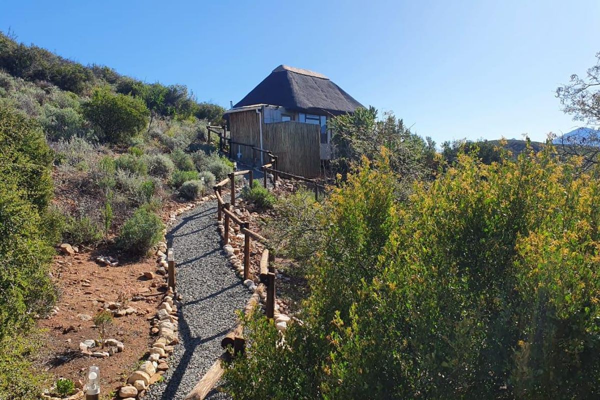 A gravel pathway with wooden railings leads up a hillside to a thatched-roof cabin nestled in the natural landscape.