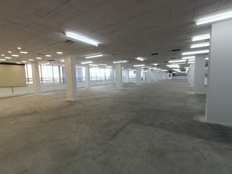 A large, open-plan office space featuring concrete flooring, structural columns, and a suspended ceiling with integrated fluorescent lighting.