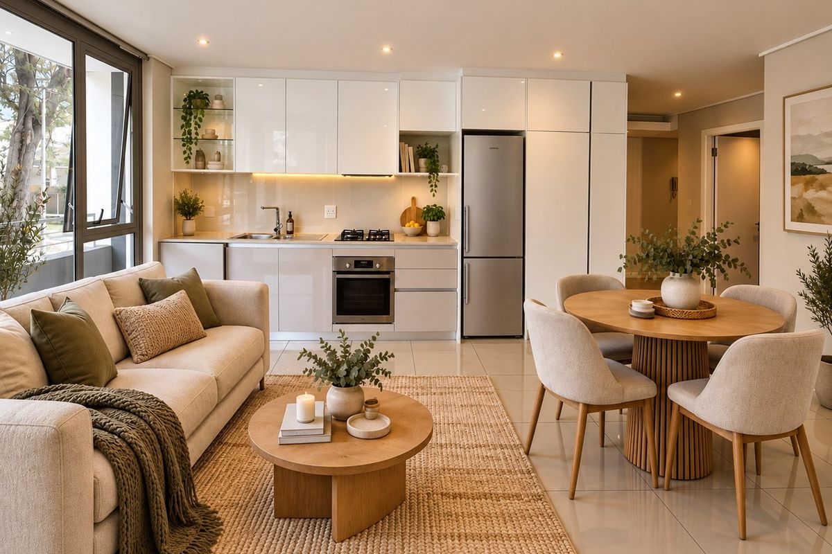 Modern open-plan living and dining area featuring a sleek kitchen with built-in appliances, tiled floors, and large windows providing ample natural light.