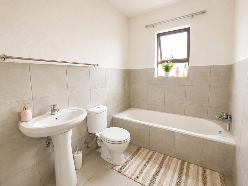 A clean and functional bathroom featuring a pedestal basin, a standard toilet, and a built-in bathtub with neutral wall and floor tiling.