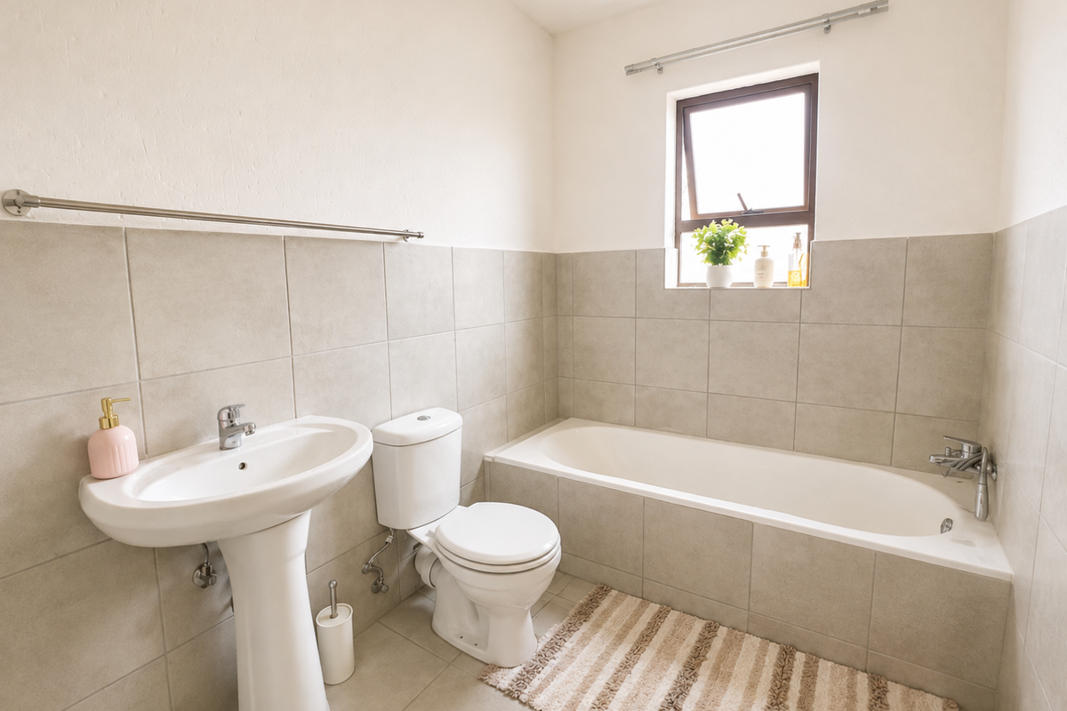A clean and functional bathroom featuring a pedestal basin, a standard toilet, and a built-in bathtub with neutral wall and floor tiling.
