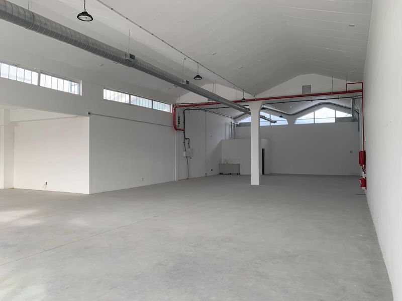 Spacious open-plan retail or industrial unit featuring high vaulted ceilings, exposed ductwork, polished concrete floors, and abundant natural light from clerestory windows.