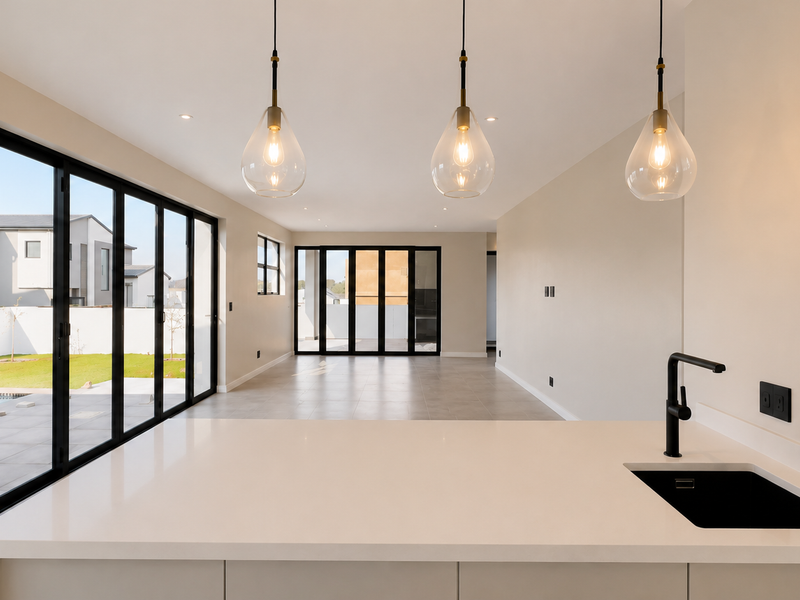 Modern open-plan kitchen and living area featuring a sleek island with quartz countertop, black fixtures, and large sliding doors opening to the garden.