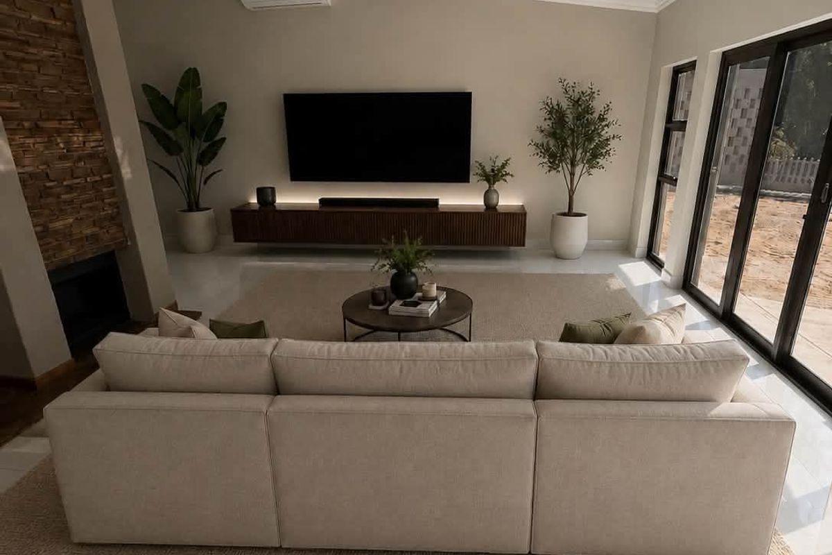 Modern living room featuring large format floor tiles, a stone-clad fireplace, recessed lighting, and expansive aluminium sliding doors leading to the exterior.
