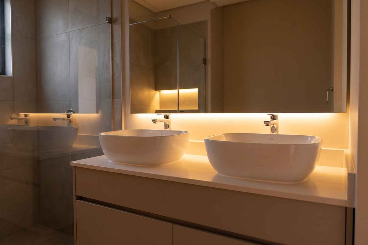 Modern bathroom featuring a double vanity with vessel sinks, a large backlit mirror, and a glass-enclosed shower with contemporary tile finishes.