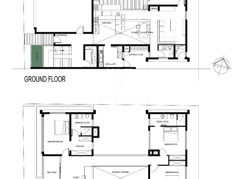 Architectural floor plan showing the ground and first floor layout of a multi-bedroom residential property with integrated garage and outdoor living spaces.