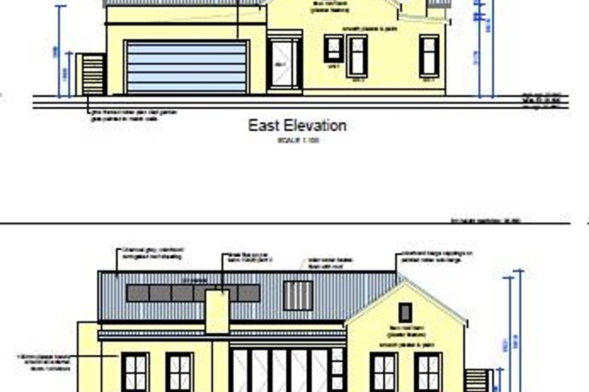 Architectural elevation drawings showing the East and North facades of the proposed house design, including roof, window, and garage specifications.