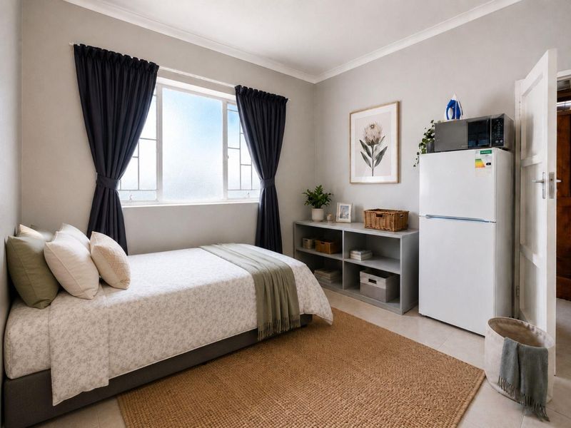 A well-maintained bedroom featuring neutral wall tones, tiled flooring, and a large window that provides ample natural light.