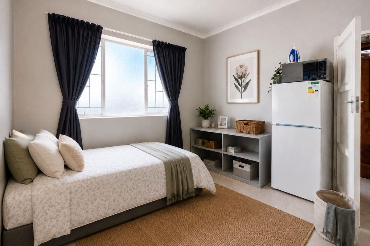 A well-maintained bedroom featuring neutral wall tones, tiled flooring, and a large window that provides ample natural light.