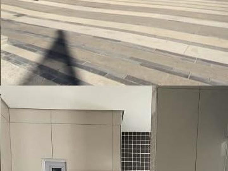A composite image showing the exterior facade of a modern multi-story apartment building and a contemporary bathroom with neutral tiling and modern fixtures.