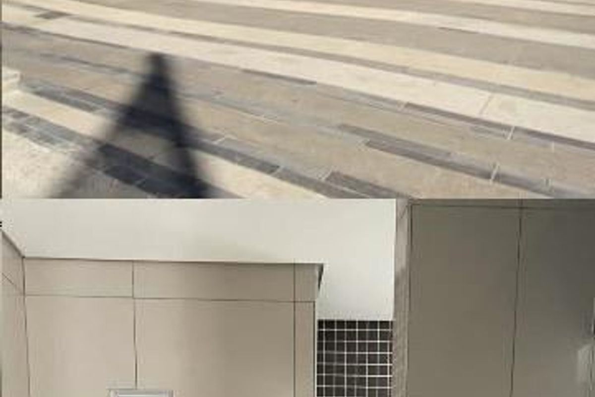 A composite image showing the exterior facade of a modern multi-story apartment building and a contemporary bathroom with neutral tiling and modern fixtures.