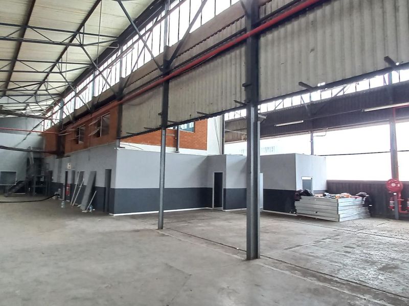 Spacious industrial warehouse featuring high ceilings with exposed steel trusses, concrete flooring, and integrated fire safety systems, suitable for various commercial or storage operations.