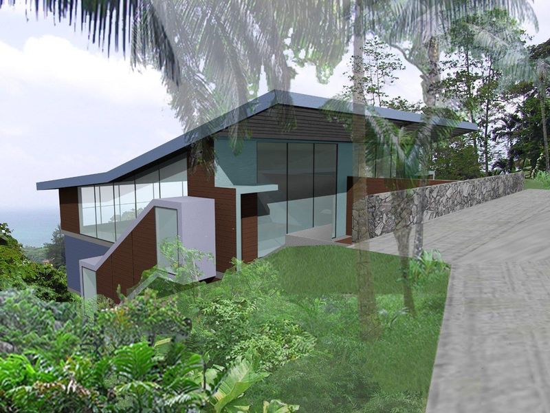 A 3D architectural rendering of a modern residential property featuring large glass windows, stone cladding, and a sloped roof design.