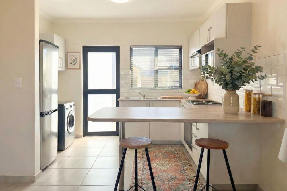 Kitchen with built-in cupboards + oven and sit-down countertop.