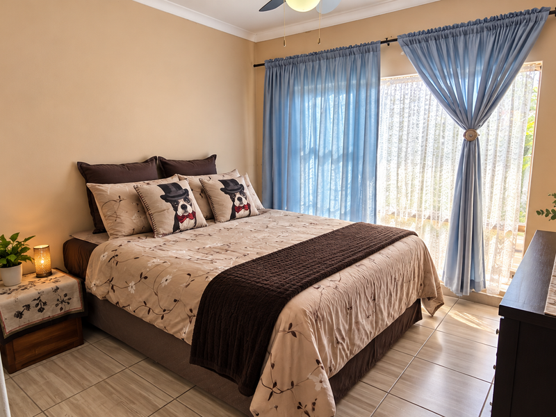 A well-maintained bedroom featuring tiled flooring, a ceiling fan, and large windows dressed with curtains, providing natural light and a comfortable living space.