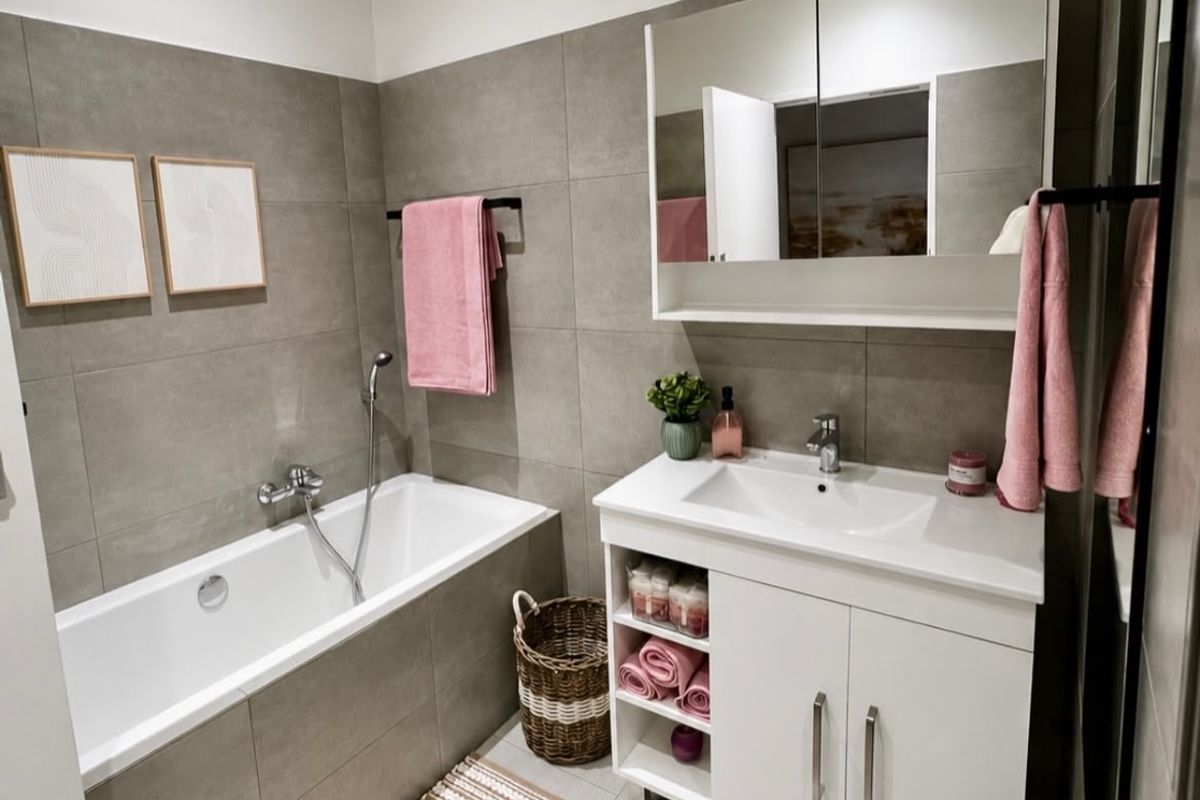 Modern bathroom featuring large format grey wall tiles, a white vanity with integrated sink, mirrored medicine cabinet, and a bathtub with handheld shower mixer.