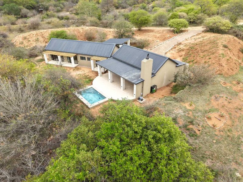 Aerial view of a modern house featuring a metal roof, a covered patio, and an integrated swimming pool set in a natural landscape.