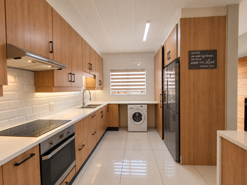 Modern kitchen featuring light wood cabinetry, quartz countertops, subway tile backsplash, integrated appliances, and sleek porcelain floor tiles.