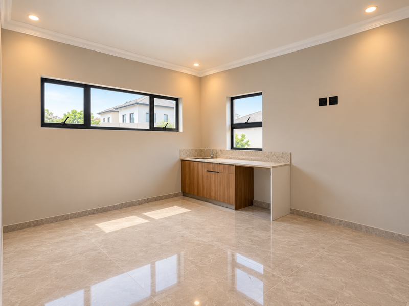 A bright, modern kitchen area featuring sleek wood-finish cabinetry, stone countertops, an undermount sink, and polished tiled flooring with recessed lighting.