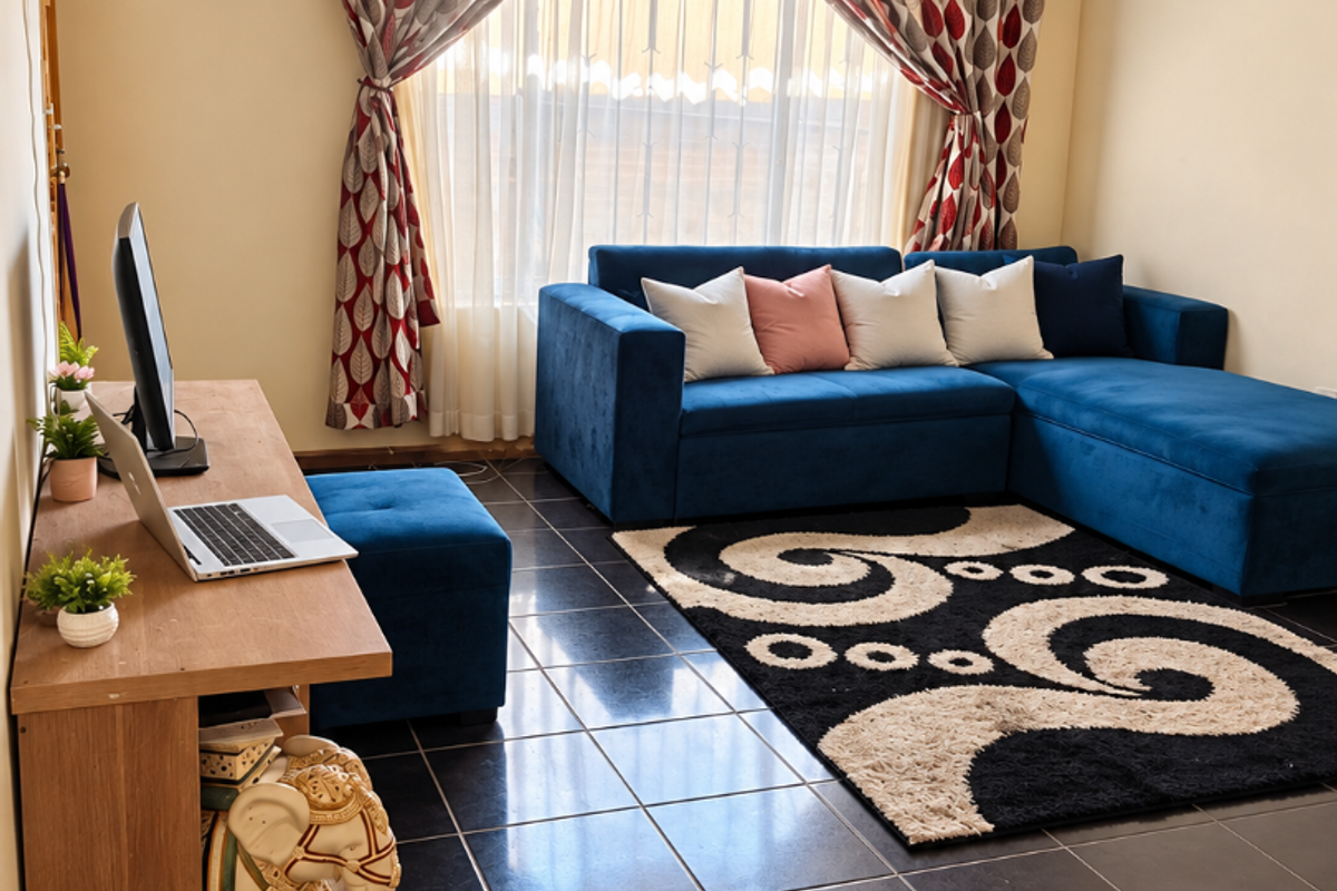 A living room featuring dark tiled flooring and large windows with patterned curtains, providing a functional and well-lit space.