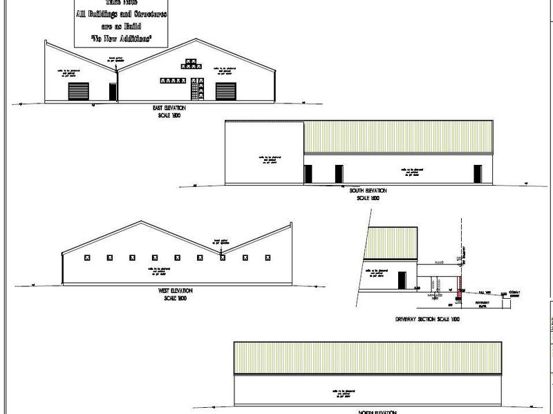 Architectural floor plan and elevation drawings for the industrial property, detailing building structures and site layout.