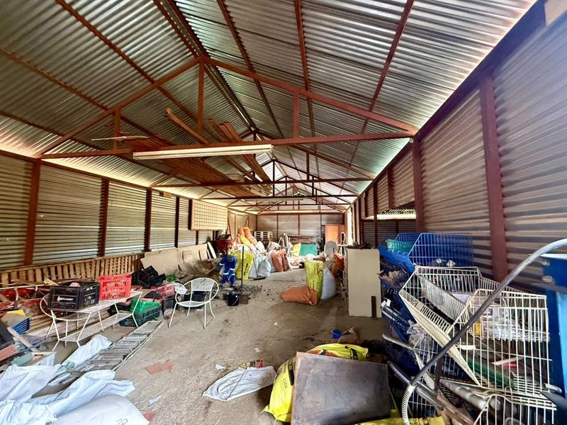 A large, open-plan utility shed or barn featuring corrugated metal walls and roof with exposed steel structural trusses.