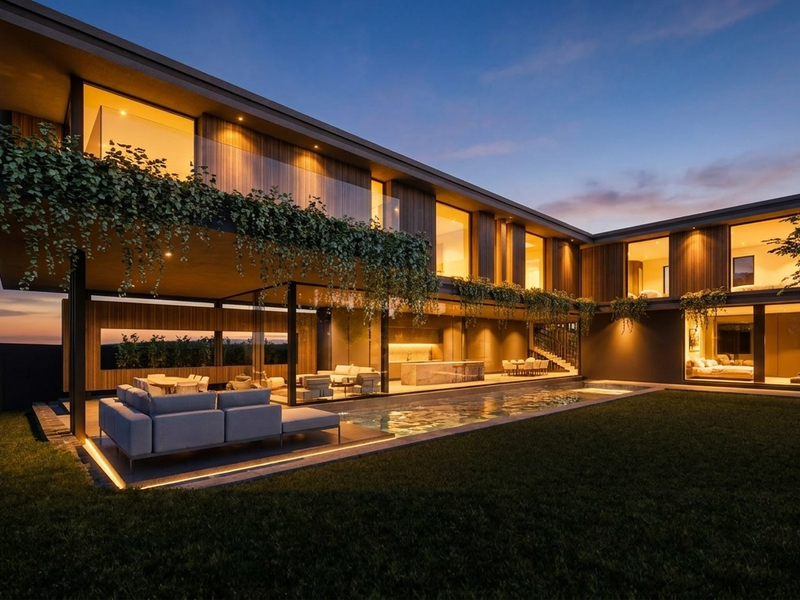 A modern luxury two-story residence featuring a swimming pool, expansive covered patio, and integrated timber cladding, set within a beautifully landscaped garden at dusk.
