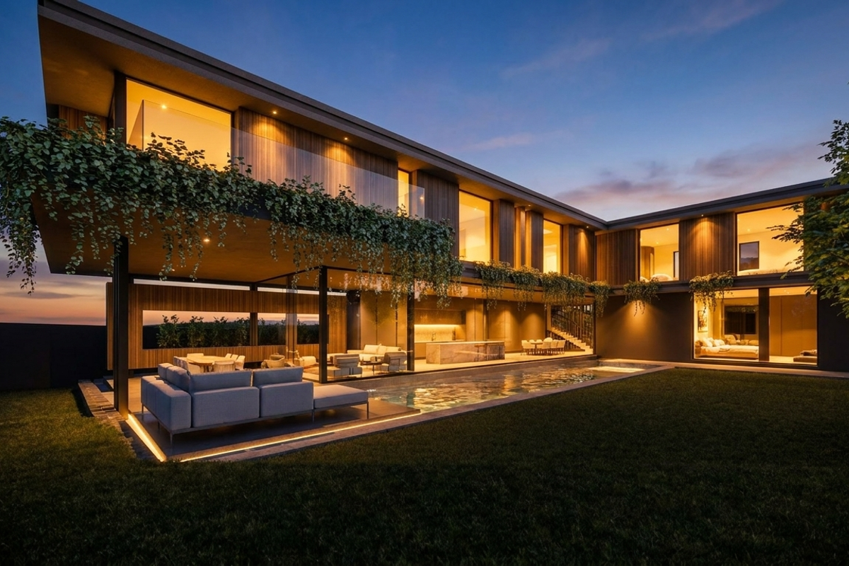 A modern luxury two-story residence featuring a swimming pool, expansive covered patio, and integrated timber cladding, set within a beautifully landscaped garden at dusk.