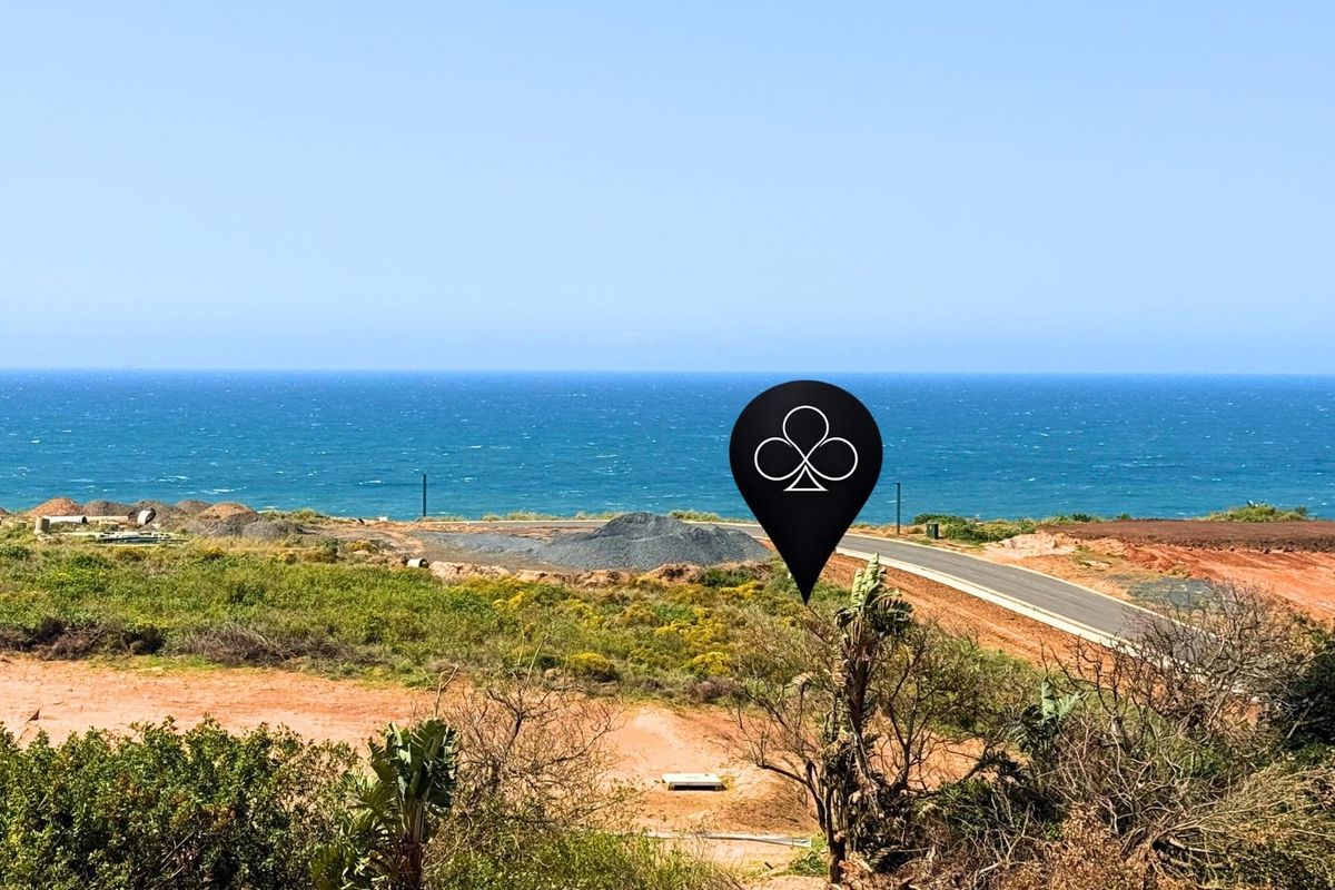 A scenic view of the coastline overlooking vacant residential land with an established paved road and natural vegetation.