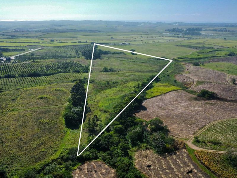 An aerial view of a large, open agricultural farm plot with a white boundary outline highlighting the property's extent.