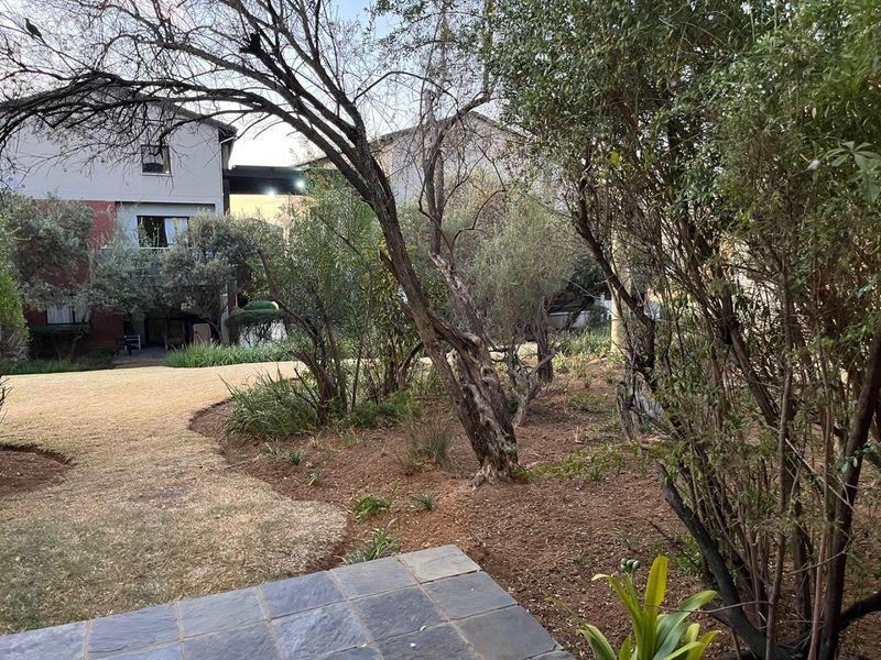 A view of a landscaped garden area featuring mature trees and a slate tiled patio section, set against the backdrop of an apartment building.