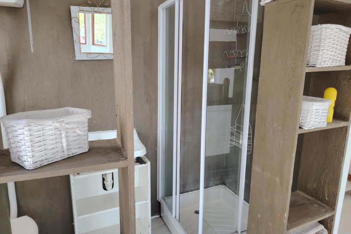 A compact bathroom featuring a shower enclosure and built-in shelving, currently requiring significant cosmetic updates and finishing to the walls and cabinetry.