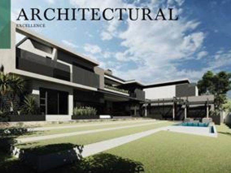 A modern architectural rear elevation featuring a spacious lawn, swimming pool, and multi-level balconies, showcasing contemporary design and outdoor living space.